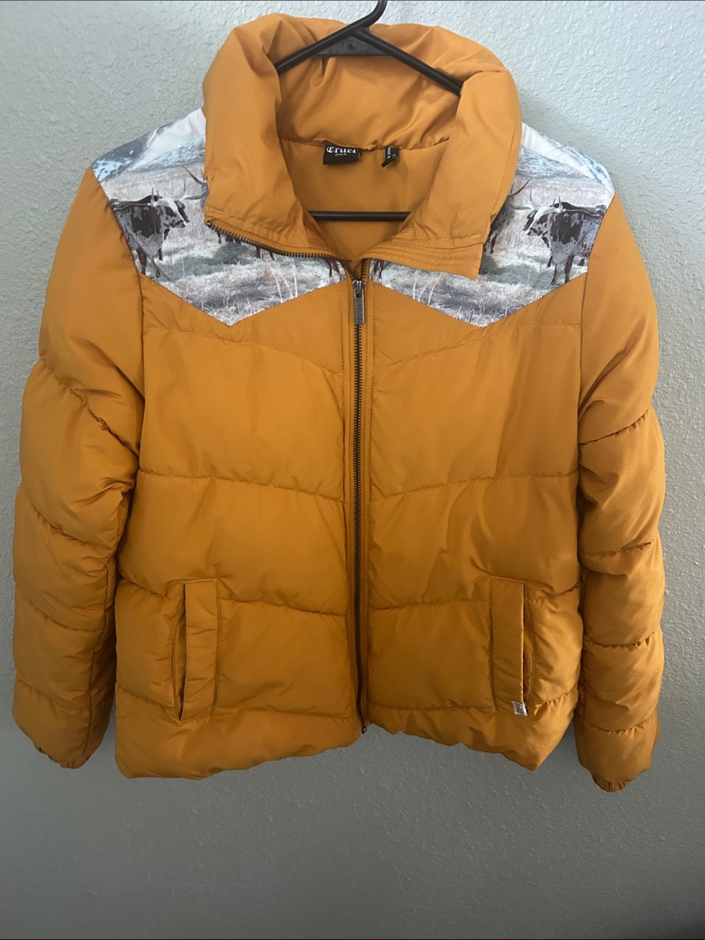 Medium Cruel Girl Mustard Yellow Puffer Jacket with Printed Yoke